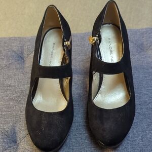 Bandolino Black Suede Heels with Gold Buckle